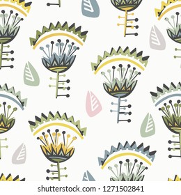 Seamless pattern with decorative flowers in scandinavian style. Perfect for kids fabric, textile, nursery wallpaper. Vector Illustration.