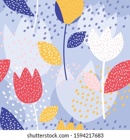 Seamless pattern with decorative flowers in scandinavian style. background for kids fabric, textile, nursery wallpaper. Vector Illustration.