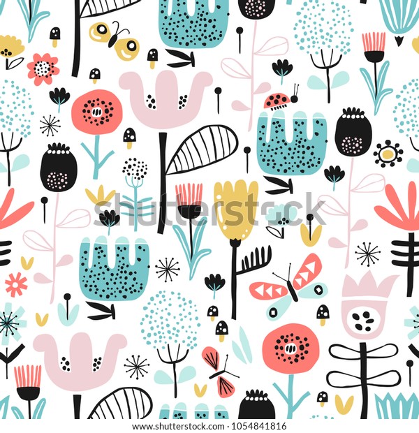 北欧風の飾り花とシームレスな柄 子ども用の織物 繊維 保育園の壁紙に最適 ベクターイラスト のベクター画像素材 ロイヤリティフリー