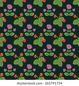Seamless pattern with decorative flowers and strawberries