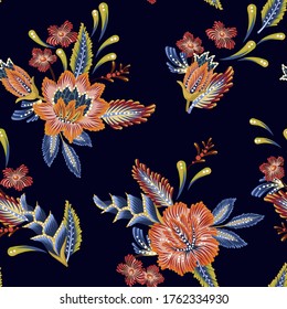Seamless pattern with decorative flowers for textile. Trendy textured design.
