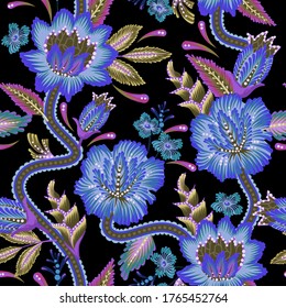 Seamless pattern with decorative flowers for textile. Trendy textured design.