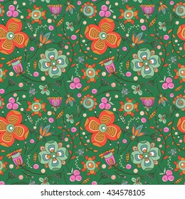 Seamless pattern decorative flowers, variety of plants, vector illustration