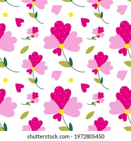 Seamless pattern of decorative flowers. Vector cartoon flower pattern with cute little peonies isolated on white background. Summer, spring floral backdrop. For wrapping paper, fabric, wallpaper.