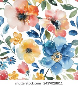 Seamless pattern with Decorative  flowers, watercolor illustration. Painted flowers seamless vector background