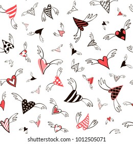 Seamless pattern from decorative flying hearts.Vector doodle texture