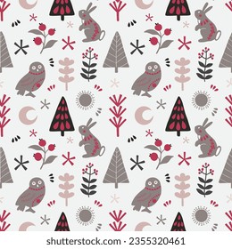 Seamless pattern with decorative folk art elements, hare and own. Hand drawn vector pattern scandinavian  nordic style on a white background
