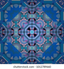 Seamless pattern with decorative geometric and abstract elements in violet, blue and pink colors. Vector illustration.