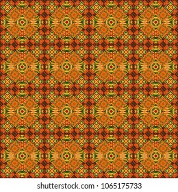 Seamless pattern with decorative geometric and abstract elements in orange, green and yellow colors. Vector illustration.