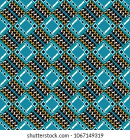 Seamless pattern with decorative geometric and abstract elements in white, blue and black colors. Vector illustration.