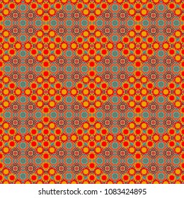 Seamless pattern with decorative geometric and abstract elements in orange, red and yellow colors. Vector illustration.