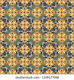 Seamless pattern with decorative geometric and abstract elements in beige, gray and green colors.