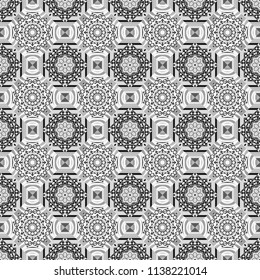 Seamless pattern with decorative geometric and abstract elements in gray, black and white colors. Vector illustration.