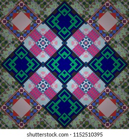 Seamless pattern with decorative geometric and abstract elements in pink, blue and green colors. Vector illustration.