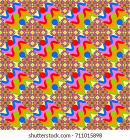 Seamless pattern with decorative geometric and abstract elements in pink, yellow and red colors. Vector illustration.