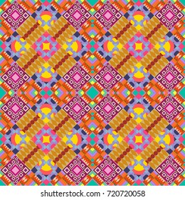 Seamless pattern with decorative geometric and abstract elements in yellow, orange and violet colors. Vector illustration.