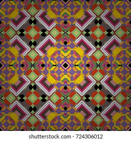 Seamless pattern with decorative geometric and abstract elements in yellow, violet and magenta colors. Vector illustration.