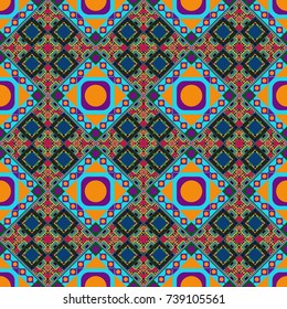 Seamless pattern with decorative geometric and abstract elements in purple, blue and green colors. Vector illustration.