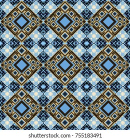 Seamless pattern with decorative geometric and abstract elements in blue, brown and beige colors. Vector illustration.