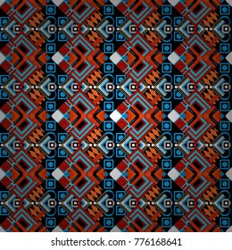 Seamless pattern with decorative geometric and abstract elements in red, black and blue colors. Vector illustration.