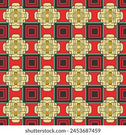 Seamless pattern with decorative geometric objects on a red background. Vector illustration