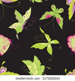 Seamless pattern of decorative green flying butterflies