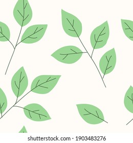 Seamless pattern with decorative green twigs and leaf silhouette. Vector stock illustration.	