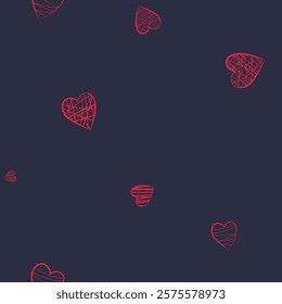  seamless pattern with decorative hand drawn abstract red hearts on dark background