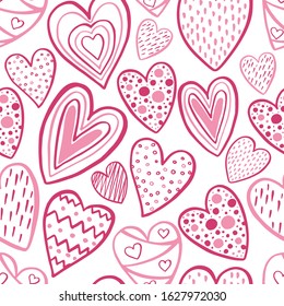Seamless pattern of decorative hand-drawn pink hearts
