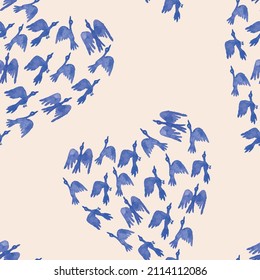 Seamless pattern of decorative heart shape from waterolor drawings abstract blue flying birds