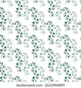 Seamless pattern of decorative heart vines in shades of green
