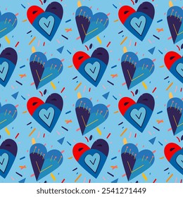 Seamless pattern with decorative hearts. Blue with red on a blue background