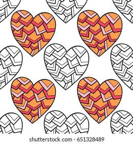 Seamless pattern with decorative hearts for coloring book. Romantic ornament.