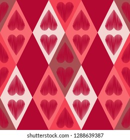 Seamless pattern with decorative hearts with a dashed texture in a diamond frame. Valentine's day. Vector illustration. Can be used for wallpaper, textile, invitation card, web page background.