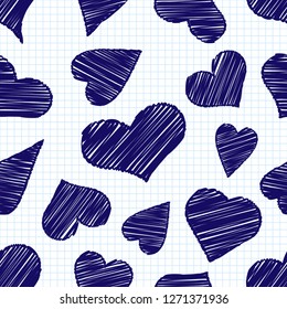 Seamless pattern with decorative hearts drawn by pen on checkered paper. Valentine's day. Vector illustration. Can be used for wallpaper, textile, invitation card, web page background.