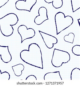 Seamless pattern with decorative hearts drawn by pen on checkered paper. Valentine's day. Vector illustration. Can be used for wallpaper, textile, invitation card, web page background.