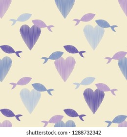 Seamless pattern with decorative hearts and fish with a dashed texture. Valentine's day. Vector illustration. Can be used for wallpaper, textile, invitation card, web page background.