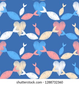Seamless pattern with decorative hearts and fish with a dashed texture. Valentine's day. Vector illustration. Can be used for wallpaper, textile, invitation card, web page background.