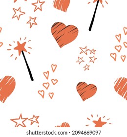 Seamless pattern, with decorative hearts, magic wand, stars, Valentine's Day, marriage proposal, wedding
