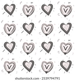 Seamless pattern with decorative hearts on a white background. Monochrome