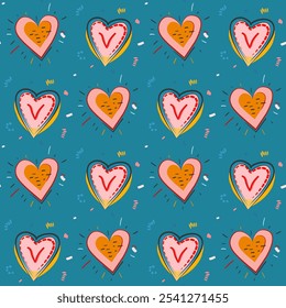 Seamless pattern with decorative hearts on a sea green background