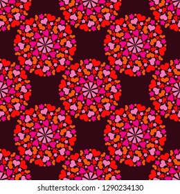 Seamless pattern with decorative hearts and stars. Mandala. Sacred image. Valentine's day. Vector illustration. Can be used for wallpaper, textile, invitation card, web page background.