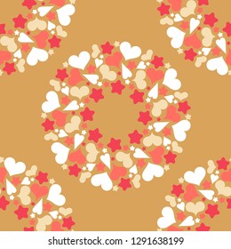 Seamless pattern with decorative hearts and stars. Mandala. Sacred image. Valentine's day. Vector illustration. Can be used for wallpaper, textile, invitation card, web page background.