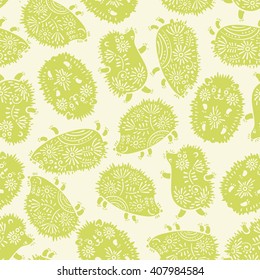 Seamless pattern with decorative hedgehogs. Cute kids background. Vector illustration.