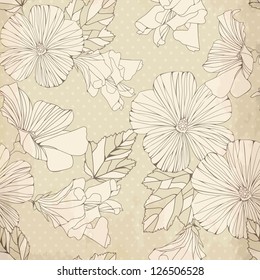 Seamless pattern with decorative  hibiscus flowers. Vintage vector background with aged paper texture