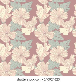 Seamless pattern with decorative hibiscus flowers. Vintage vector background.