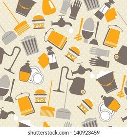 Seamless pattern with decorative home cleaning elements on spotted background. Vector illustration.