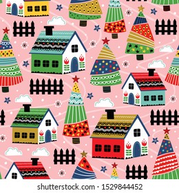 seamless pattern with decorative house and christmas trees
  - vector illustration, eps    
