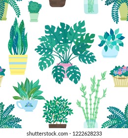 Seamless pattern of decorative houseplants isolated on white background. trendy plants growing in pots or planters. beautiful natural home decorations on white background