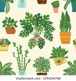 Seamless pattern of decorative houseplants isolated on background. trendy plants growing in pots or planters. beautiful natural home decorations on white background